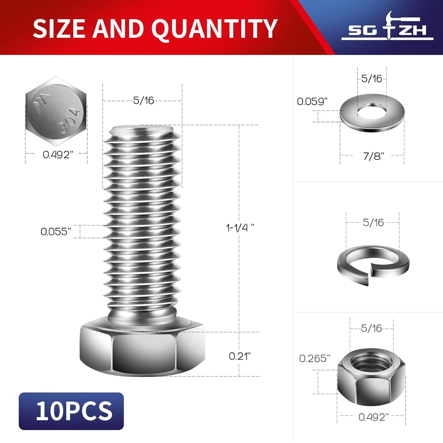 5/16-18 x 1-1/4" Hex Head Screw Bolt, Nuts, Flat & Lock Washers, 10Pcs 18-8 (304) Stainless Steel, Fully Threaded, by SG TZH