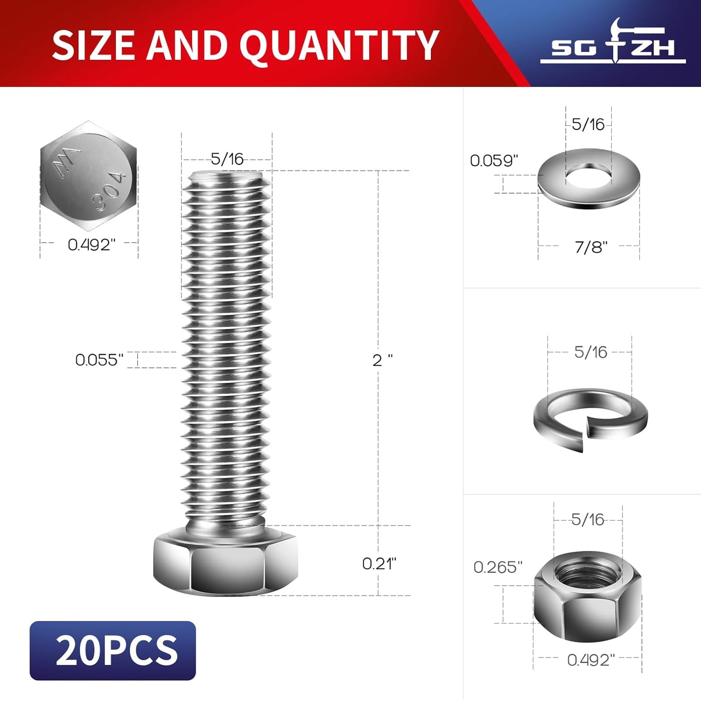5/16-18 x 2" Hex Head Screw Bolt, Nuts, Flat & Lock Washers, 20Pcs 18-8 (304) Stainless Steel, Fully Threaded, by SG TZH