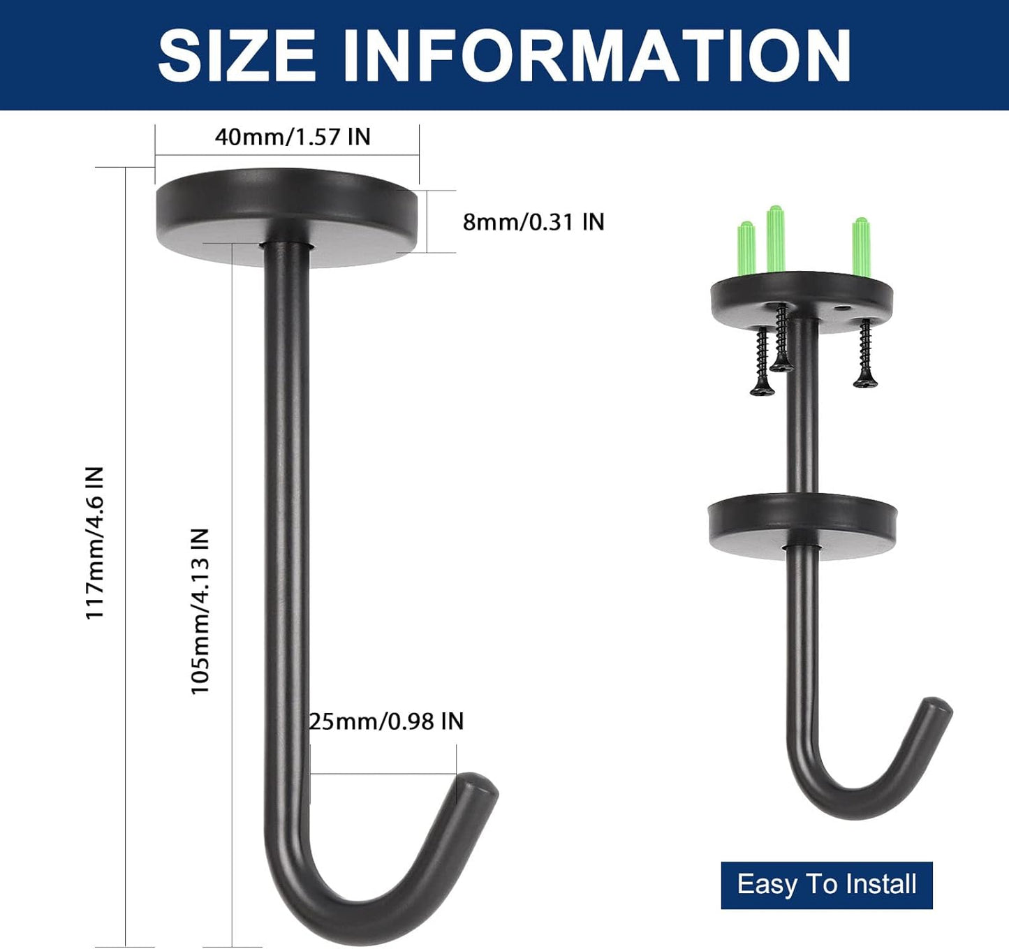 NearMoon Coat Hooks, Wall Hooks for Hanging Hat Hurse Robe, 304 Stainless Steel Heavy Duty Towel Hangers for Bathroom Livingroom Kitchen-Ceiling Hook, 6 Pack (4 Inch, Matte Black)