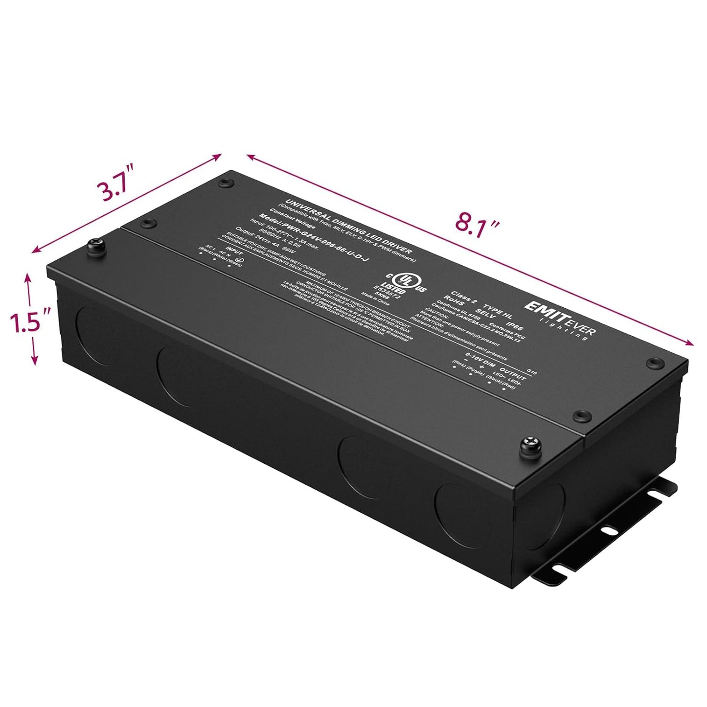 EMITEVER 96W Dimmable LED Driver,24V Dimmable Power Supply,AC to DC Transformer for LED Light,5-in-1 Dimming: ELV/MLV/TRIAC/ 0-10V/ 1-10V/10V PWM/Potentiometer,Waterproof IP67 and UL Listed,Class 2