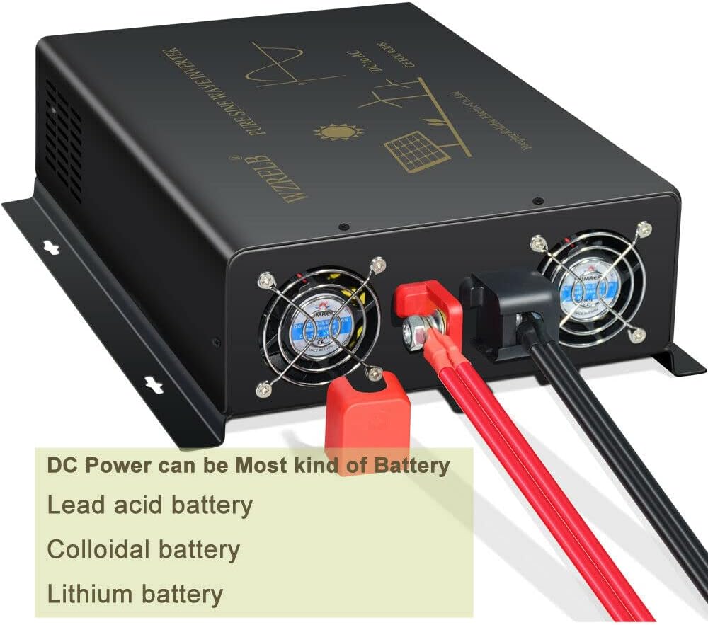 WZRELB Pure Sine Wave Power Inverter 3000W 12VDC to 120VAC 6000W Peak Dual AC Outlets &2× 2.4A USB Port &Hardwire Terminal with 16ft Remote Conrtol Off-Grid Solar Converter RV Trucks (VC300012U5WD-1)