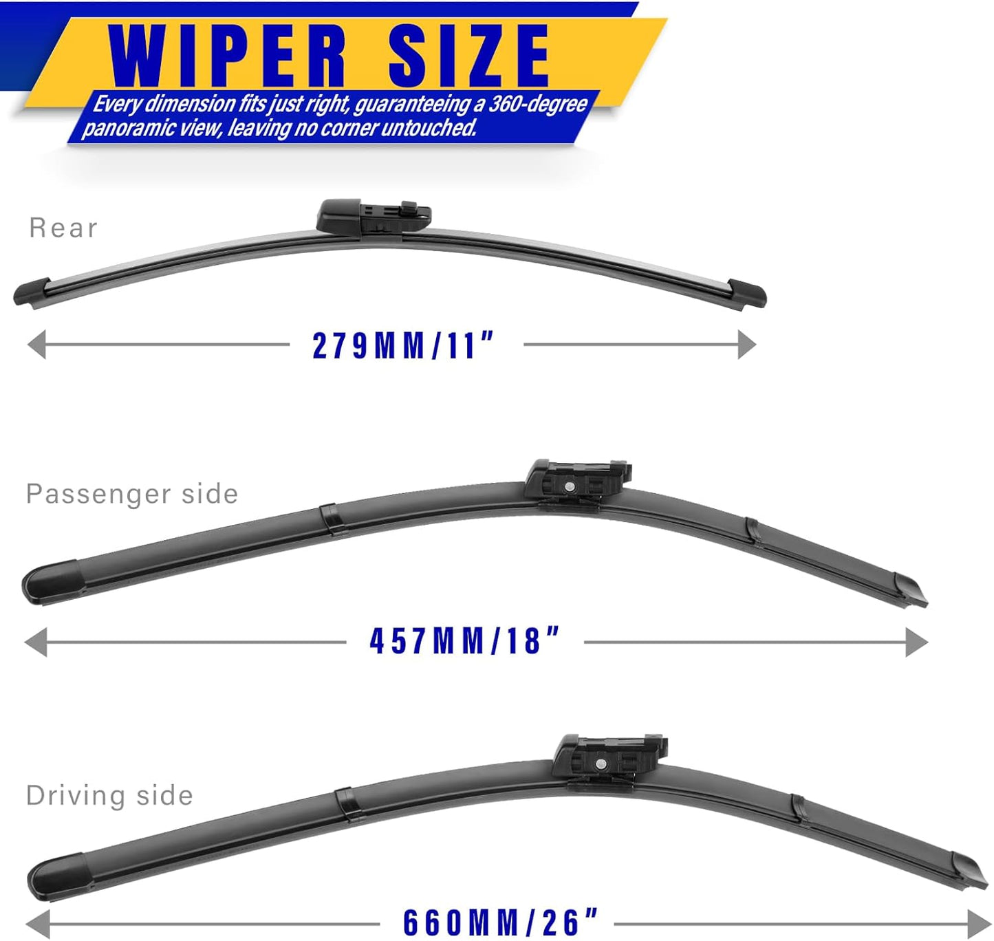 3 wipers Replacement for 2015-2021 VW Volkswagen Golf/2015-2020 VW e-Golf/2015-2021 VW GTI, Windshield Wiper Blades Original Equipment Replacement - 26"/18"/11" (Set of 3) Top Lock