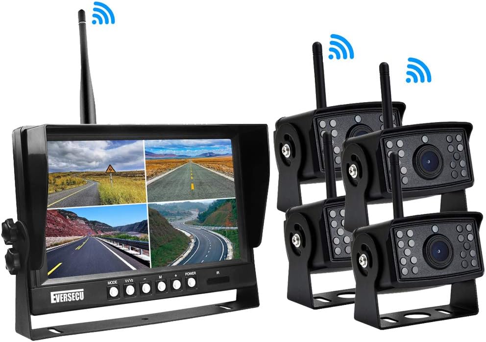 EVERSECU 4pcs Digital HD 1080P Wireless Car Backup Camera with 9 inch 4ch Quad Display Monitor/Car DVR/Dash Monitor/Vehicle Video Recorder for RV/SUV/Van/Pickup/Truck/Trailer Rear/Side/Front View