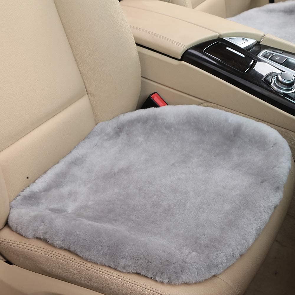 20 inchs Fluffy Shearling Sheepskin Car Seat Cover for Auto Interior Accessories with Soft Fuzzy Wool Eco-Friendly Natural Fur Non-Slip (Misty Gray, Front)