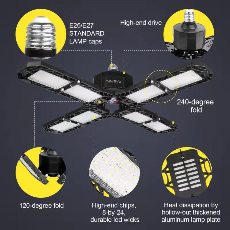 LED Garage Light,Super Bright Screw in E26/E27 Ceiling Shop Work Lamp, 200W 20000 Lumen Deformable Basement Bulb Fixture with 8 Adjustable Panels, Lighting for Workshop, Attic
