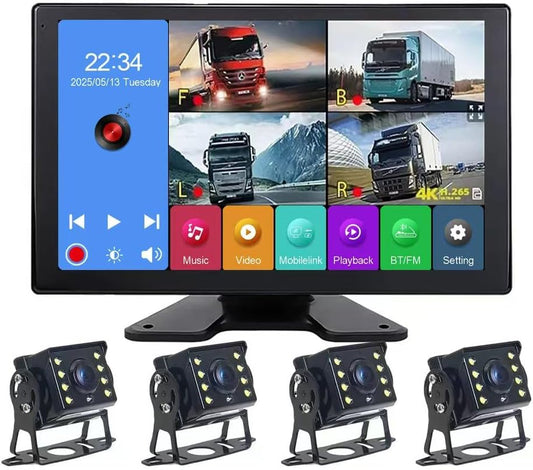 4K RV Backup Camera System,10.1" Quad Split Touchscreen Monitor with 4 1080P Nightvision Cameras, Bluetooth Music USB Video Play with DVR Recording for RV Truck Trailer Van