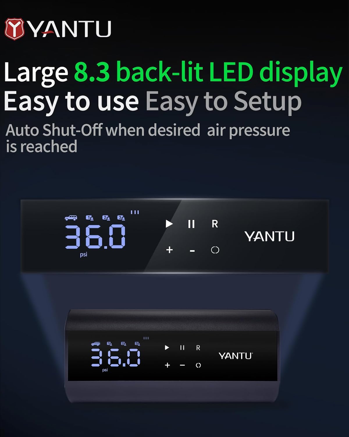 YANTU Dual Cylinder Tire Inflator Portable Air Compressor With 8.3-Inch Large Digital Screen,12V Cordless/battery powered Car Air Pump For Car Tires，Electric Auto Shut Off for Truck/Bike/Pickup/Moto