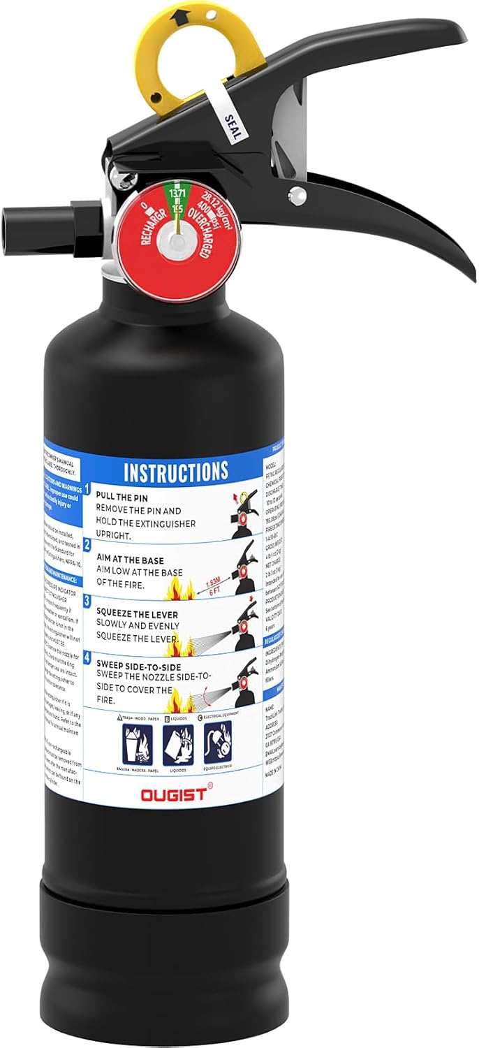 ABC Dry Powder Fire Extinguisher, 2.5 lb – 1-A:10-B:C Rated, Fire Extinguisher for Home, Kitchen, Office & Vehicle, Fire Extinguisher with Easy-Grip Handle & Quick Release, Model FF1KG,Black