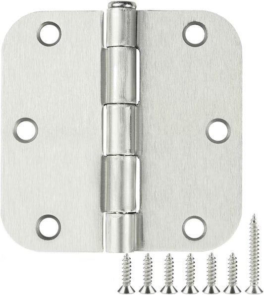 3 Pack Rounded Door Hinges Brushed Nickel 3.5 Inch 5/8" Radius Hardware Satin 3 ½" Heavy Duty Flat Iron Silver Hinge for Doors Kit Interior 3 1/2" Bedroom Kitchen Living Storage Study Room Hallway