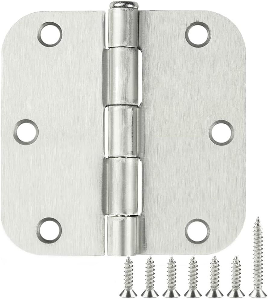 24 Pack Interior Satin Door Hinges Brushed Nickel 3.5 Inch x 3 1/2" 5/8" Rudius Rounded Heavy Duty Metal Iron Hinge 3 ½ Bifold Standard Doors Hardware Fittings for Flat,Bed/Storage/Basement Room