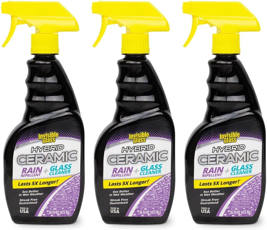 Invisible Glass 92183-3PK Hybrid Ceramic Rain Repellent and Glass Cleaner Cleans and Protects Car Windows and Windshields with Long-Lasting Water-Repellent Si02 Technology, 16 Fl Oz, Pack of 3