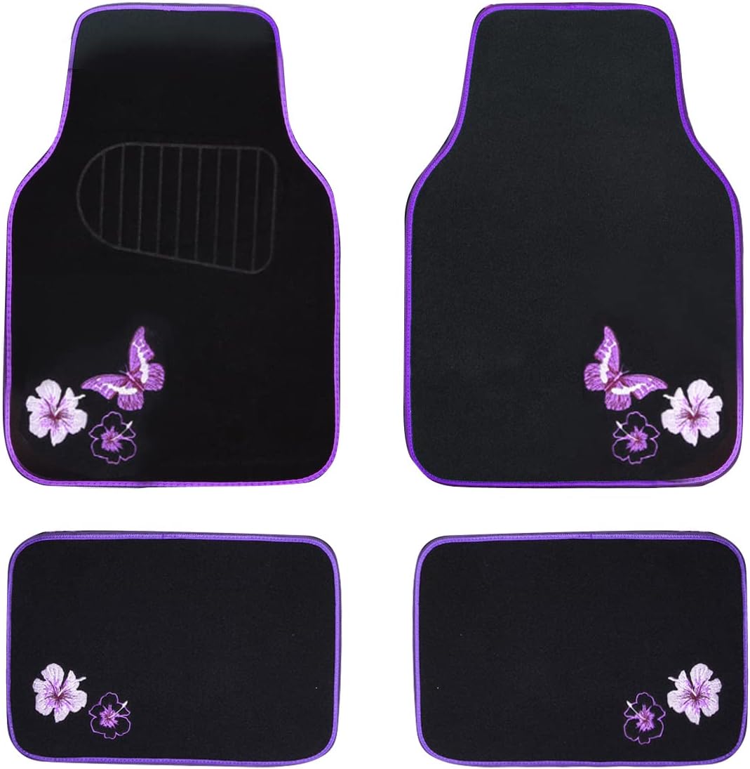 CAR PASS Embroidery Butterfly and Flower Car Floor Mats, Purple Car Floor Mats, Universal Fit 95% Automotive,SUVS,Sedan,Vans,for Women,Girly,Set of 4(Black with Purple)