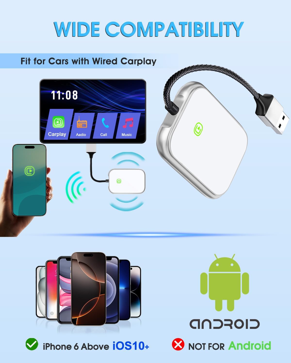 Wireless CarPlay Adapter - Fast & Stable Connection for Carplay Wireless Adapter Convert Factory Wired to Wireless CarPlay Dongle Plug & Play Car Play Fit for iPhone iOS 10+ (Dark Silver)