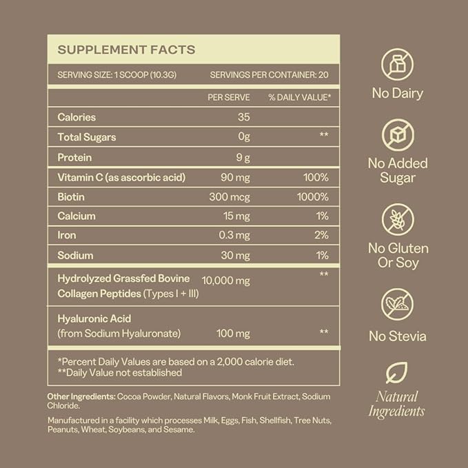 Collagen Powder for Women, Beauty Blend with Vitamin C, Biotin & Hyaluronic Acid, Supports Hair, Skin & Nails, 20 Servings, Grass-Fed Bovine, Chocolate