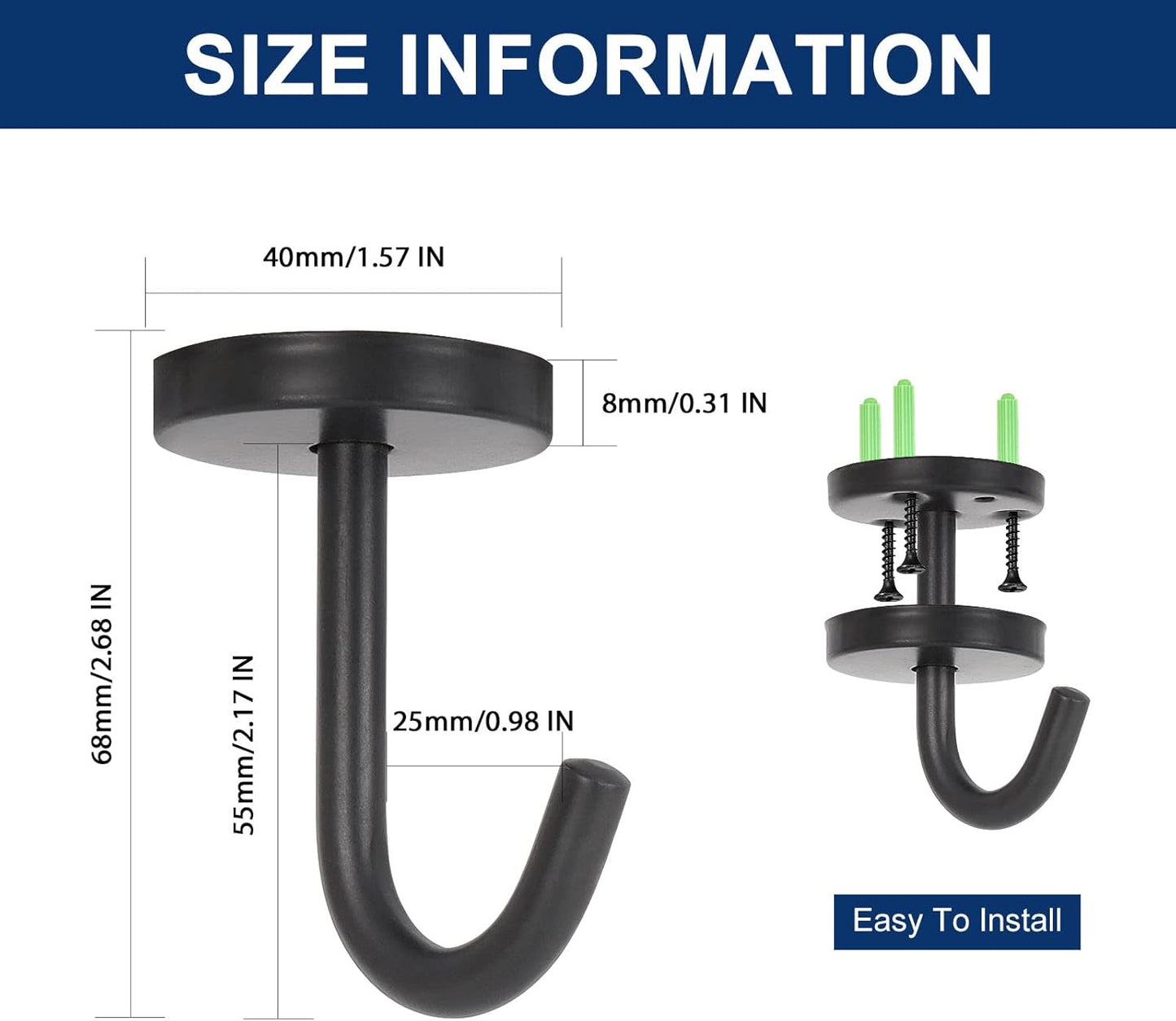 NearMoon Coat Hooks, Wall Hooks for Hanging Hat Hurse Robe, 304 Stainless Steel Heavy Duty Towel Hangers for Bathroom Livingroom Kitchen-Ceiling Hook, 6 Pack (2 Inch, Matte Black)