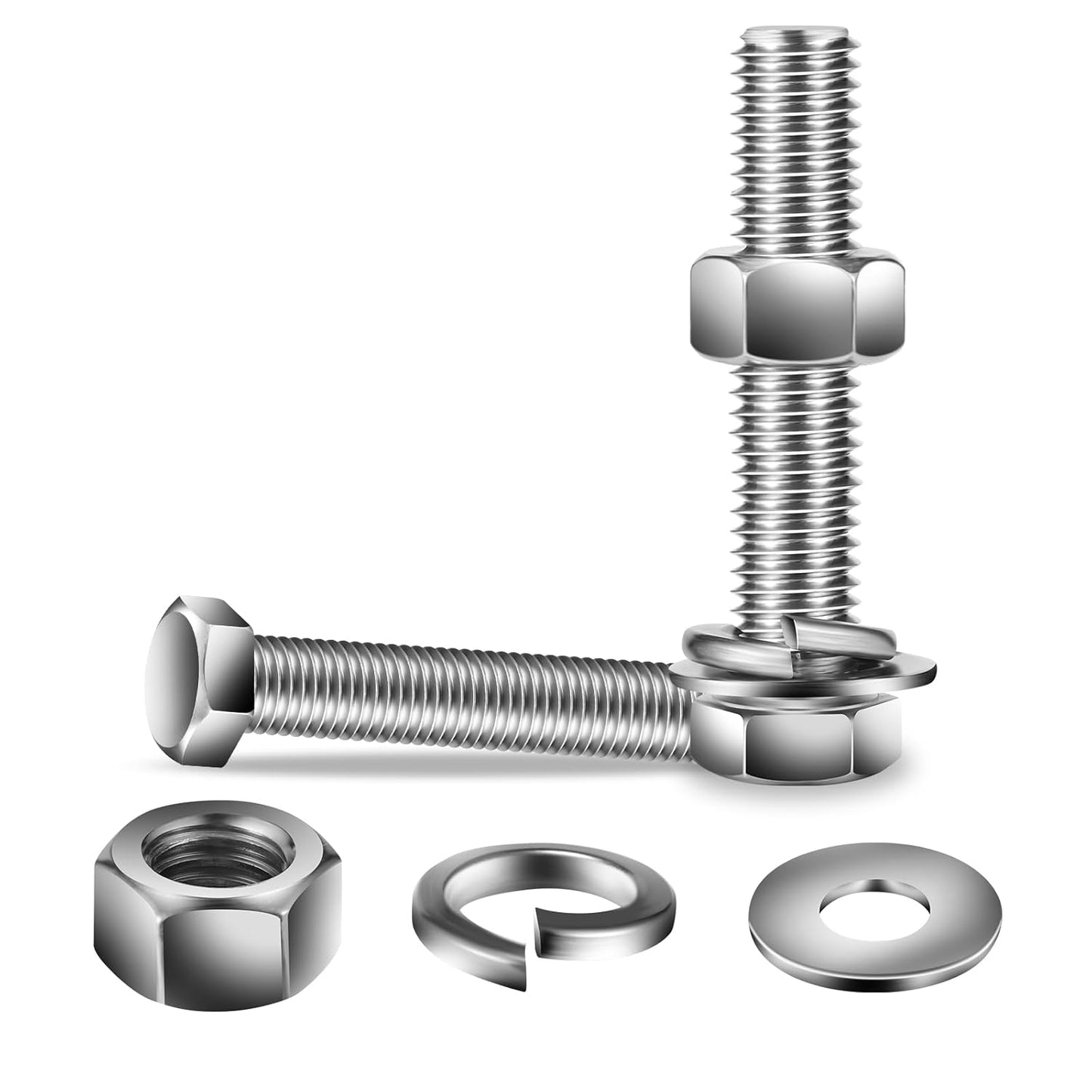 5/16-18 x 3-1/2" Hex Head Screw Bolt, Nuts, Flat & Lock Washers, 20Pcs 18-8 (304) Stainless Steel, Fully Threaded, by SG TZH