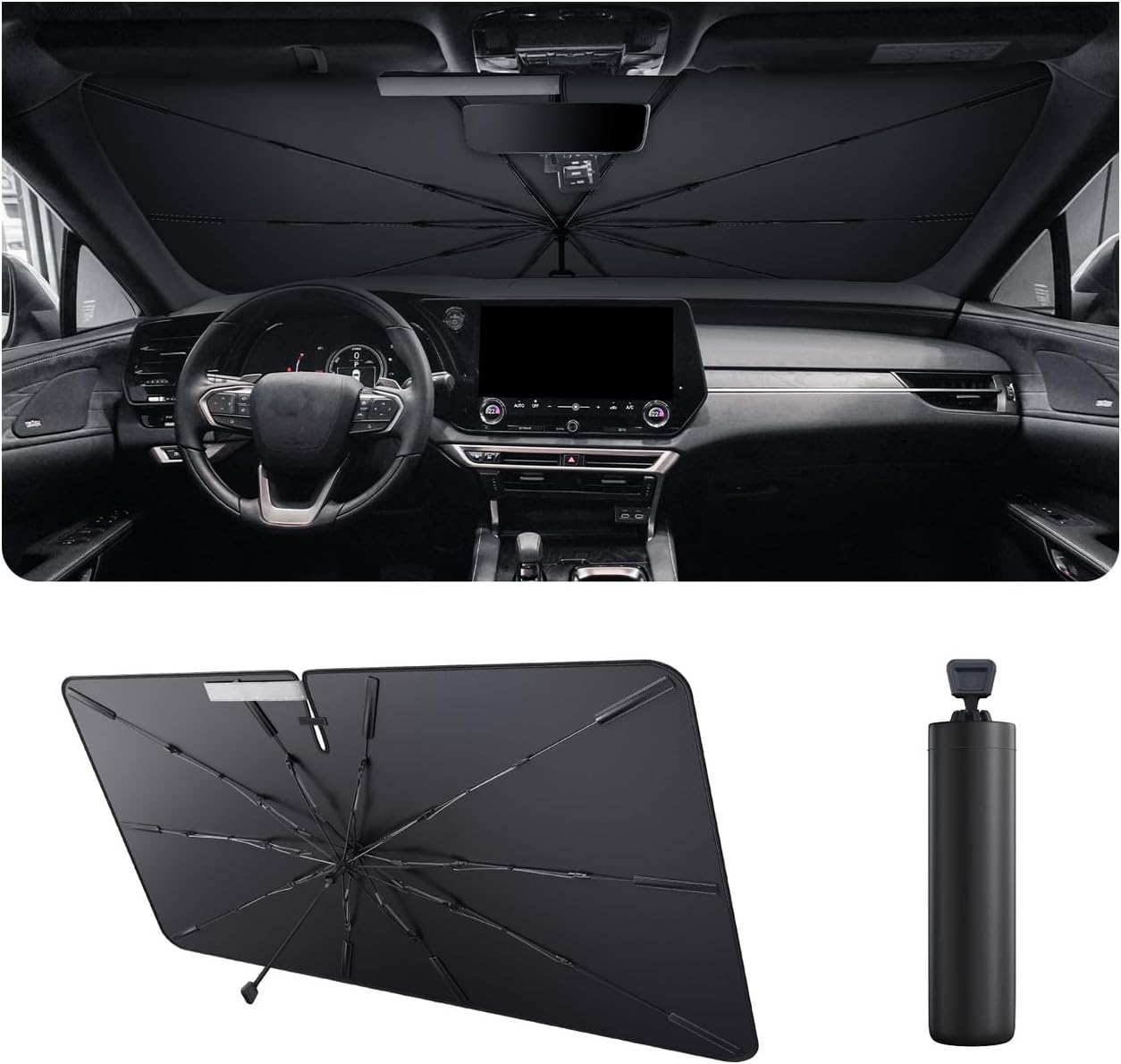 2025 Upgrade Car Windshield Sun Shade Windshield Sunshade Umbrella [Star Fabric] Protect Car from Sun Rays&Heat Damage Keeps Vehicle Cool, Spring Structure Edge Fits Sedans,SUVs,Trucks,Hatchbacks (L1)