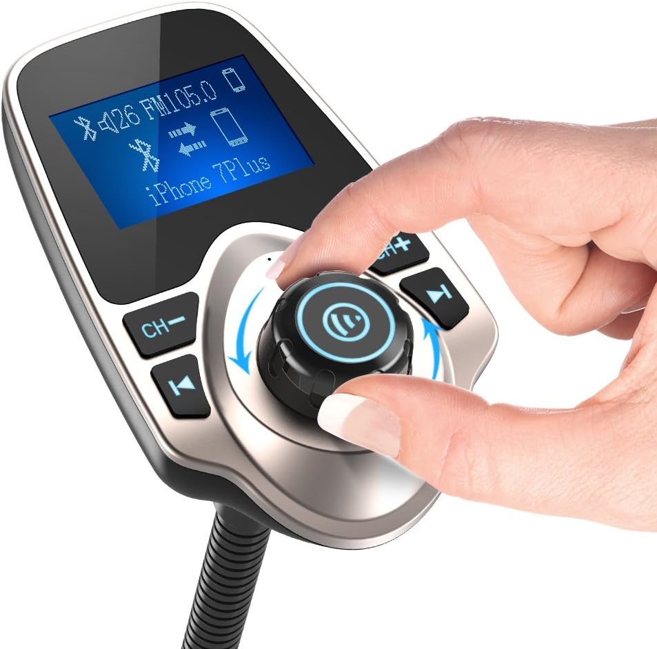 Nulaxy Bluetooth Car FM Transmitter Audio Adapter Receiver Wireless Handsfree Voltmeter Car Kit TF Card AUX 1.44 Display - KM18 Golden