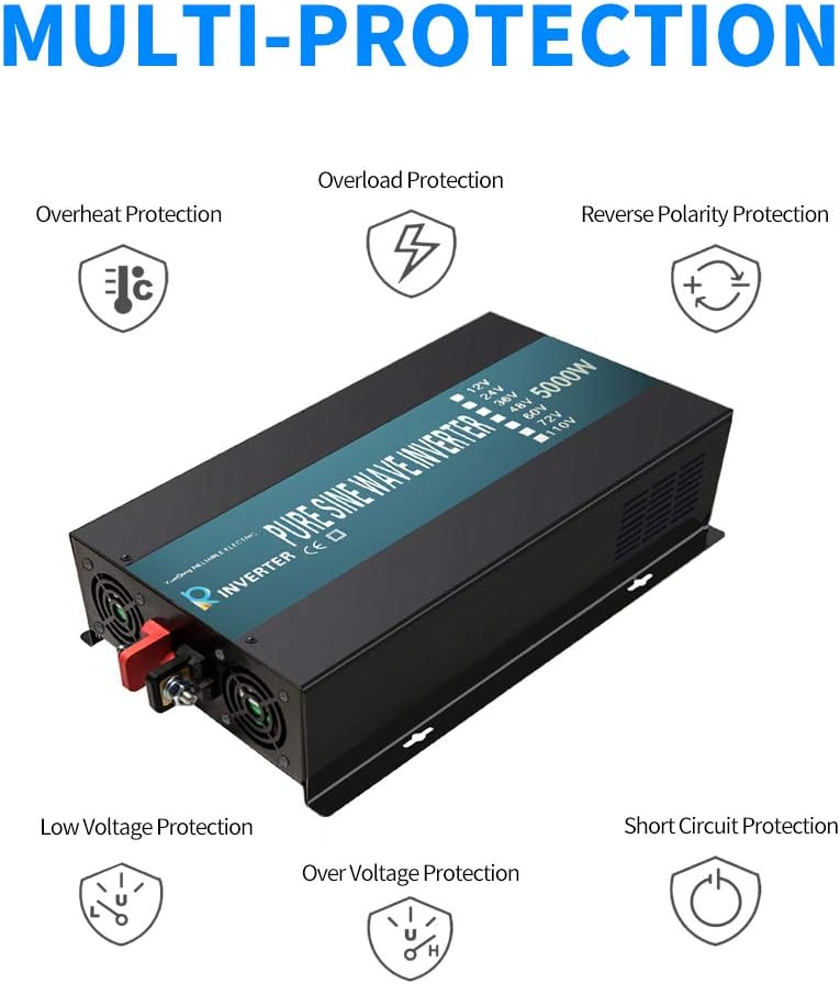 WZRELB 5000W High Efficiency Solar Power Inverter Off Grid 12V DC Voltage Converter Pure Sine Wave Dual 120V AC Outlets