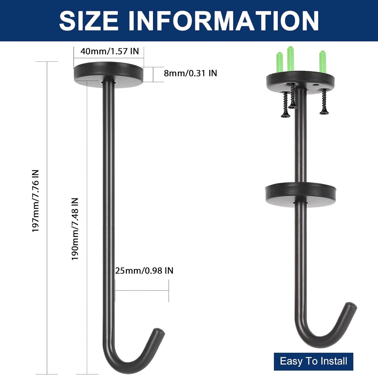 NearMoon Coat Hooks, Wall Hooks for Hanging Hat Hurse Robe, 304 Stainless Steel Heavy Duty Towel Hangers for Bathroom Livingroom Kitchen-Ceiling Hook, 6 Pack (8 Inch, Matte Black)