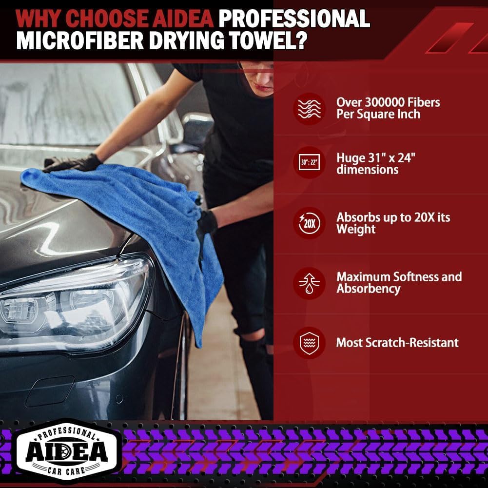 AIDEA Microfiber Towels for Cars-4PK, Large Professional Car Drying Towel, Scratch-Free & Absorbent Drying Towel for Cars, SUVs, RVs, Trucks, and Boats, 24inx 31in, Blue