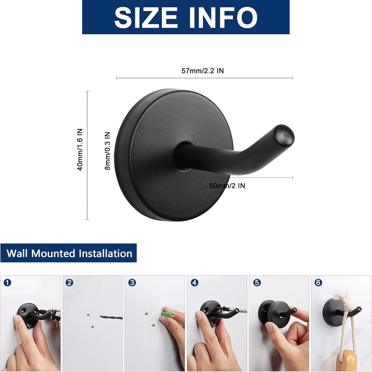 NearMoon Coat Hooks, Wall Hooks for Hanging Hat Hurse Robe, 304 Stainless Steel Heavy Duty Towel Hangers for Bathroom Livingroom Hotel Kitchen Garage, 6 Pack (2 Inch, Matte Black)