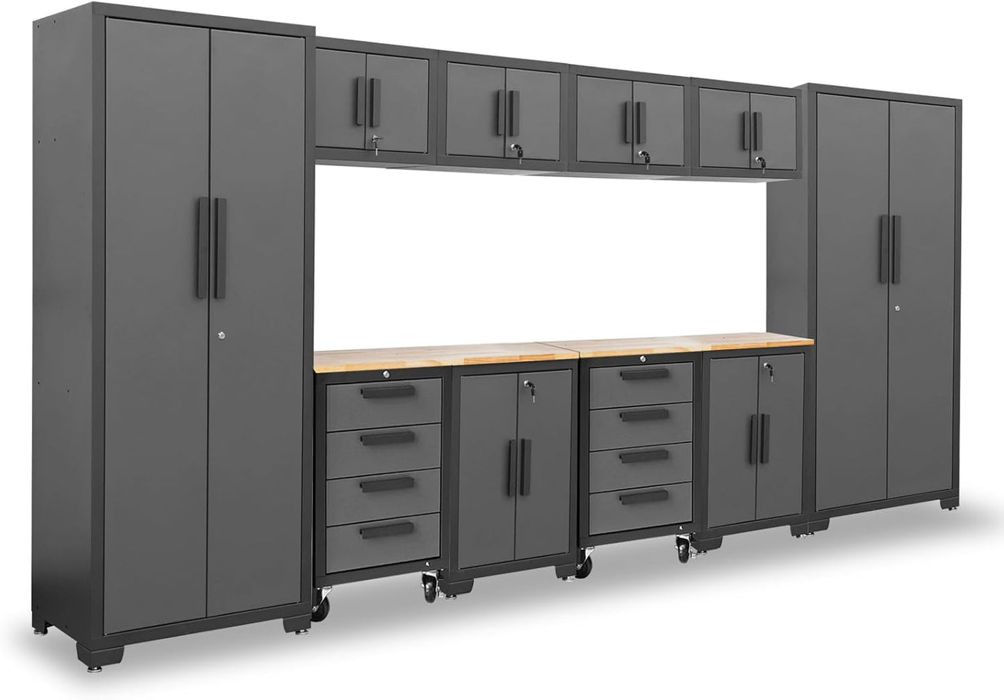 Torin 12 Piece Garage Storage Cabinet Set: Workshop Tool Organizer Chest with Lockers, Shelves and Wood Workbench, Black/Grey