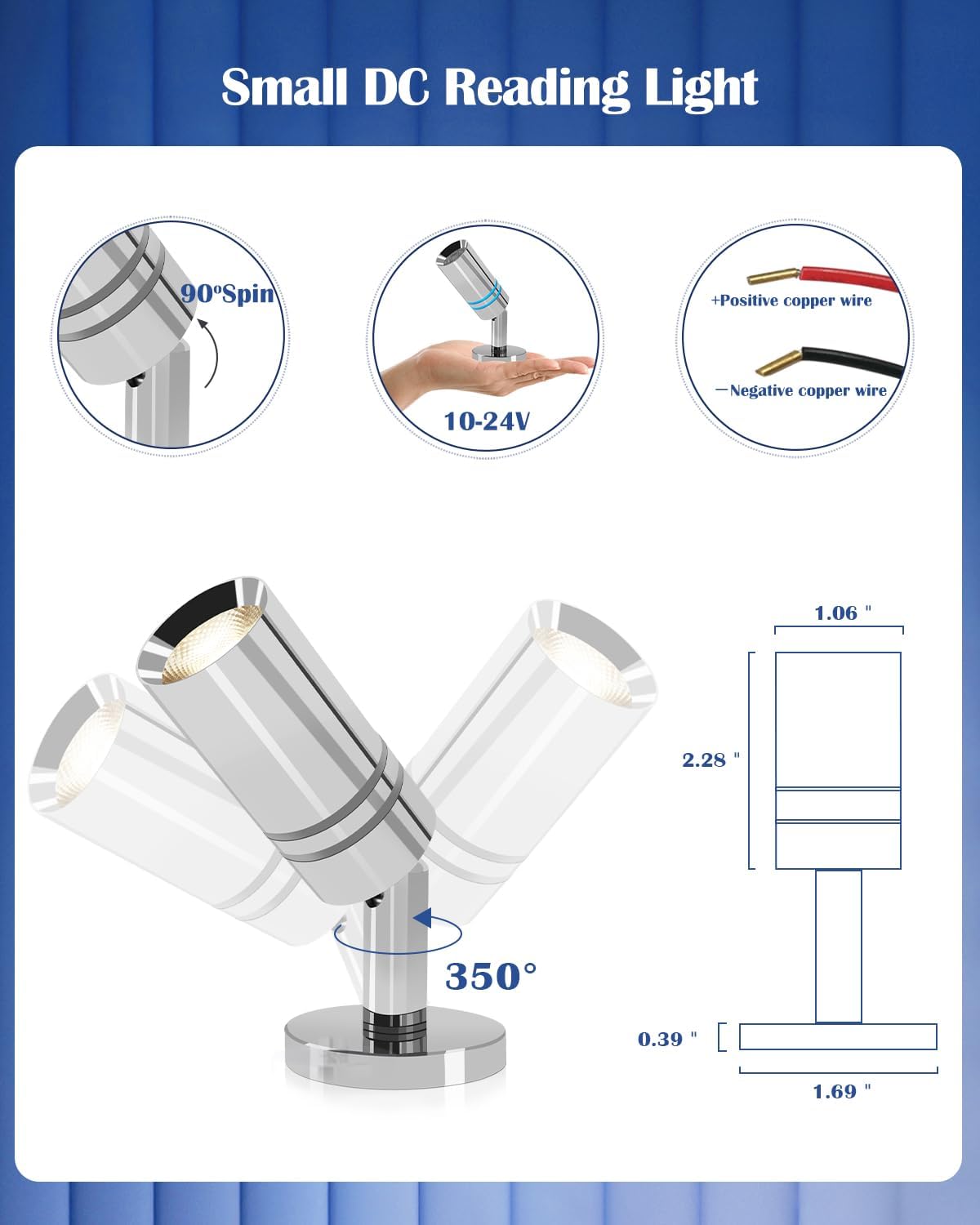 Small 12V RV Reading Light 3W DC 12 Volt LED Camper Lights Interior Warm White Interior Lights with Built-in Dimmer Touch Switch of Blue Decor Light On Trailer Van Truck Car Motorhome Caravan Boat