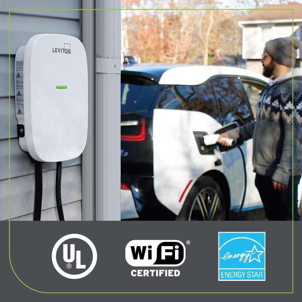 Leviton Level 2 Smart EV Charger with Wi-Fi, 48 Amp, 208/240 VAC, 11.6 kW Output, 18' Cable, Indoor/Outdoor Hardwired EV Charging Station, My Leviton Compatibility, EV48W EVSE