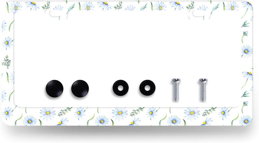 Cute Blue Daisy Flowers License Plate Frame Colorful Floral License Plate Holder Stainless Steel Colorful Car Accessories Decoration 6.3"X12.3" with 2 Holes Screws