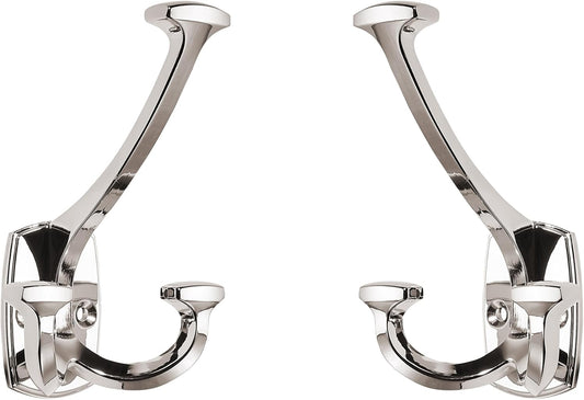 Large Wall Double-Sided Hook 2 Pack Polished Nickel Hook Decorative Heavy Duty Solid Large Coat Hooks for Towel Hanging Coats Robe Towel Bags Door Back 2 Prong Hooks