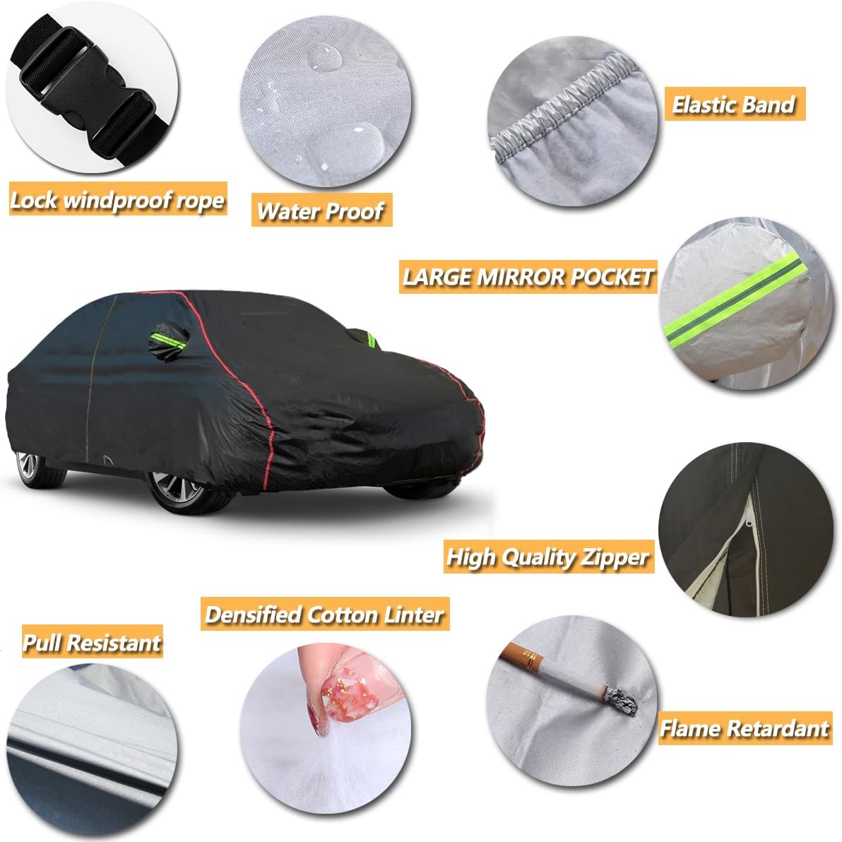 AUQDD 6-Layers PEVA New Material Sedan SUV Full Padded Car Cover Waterproof All Weather Weatherproof UV Sun Protection Snow Dust Storm Resistant Outdoor Exterior Custom Form-Fit Straps 178"-190" Black