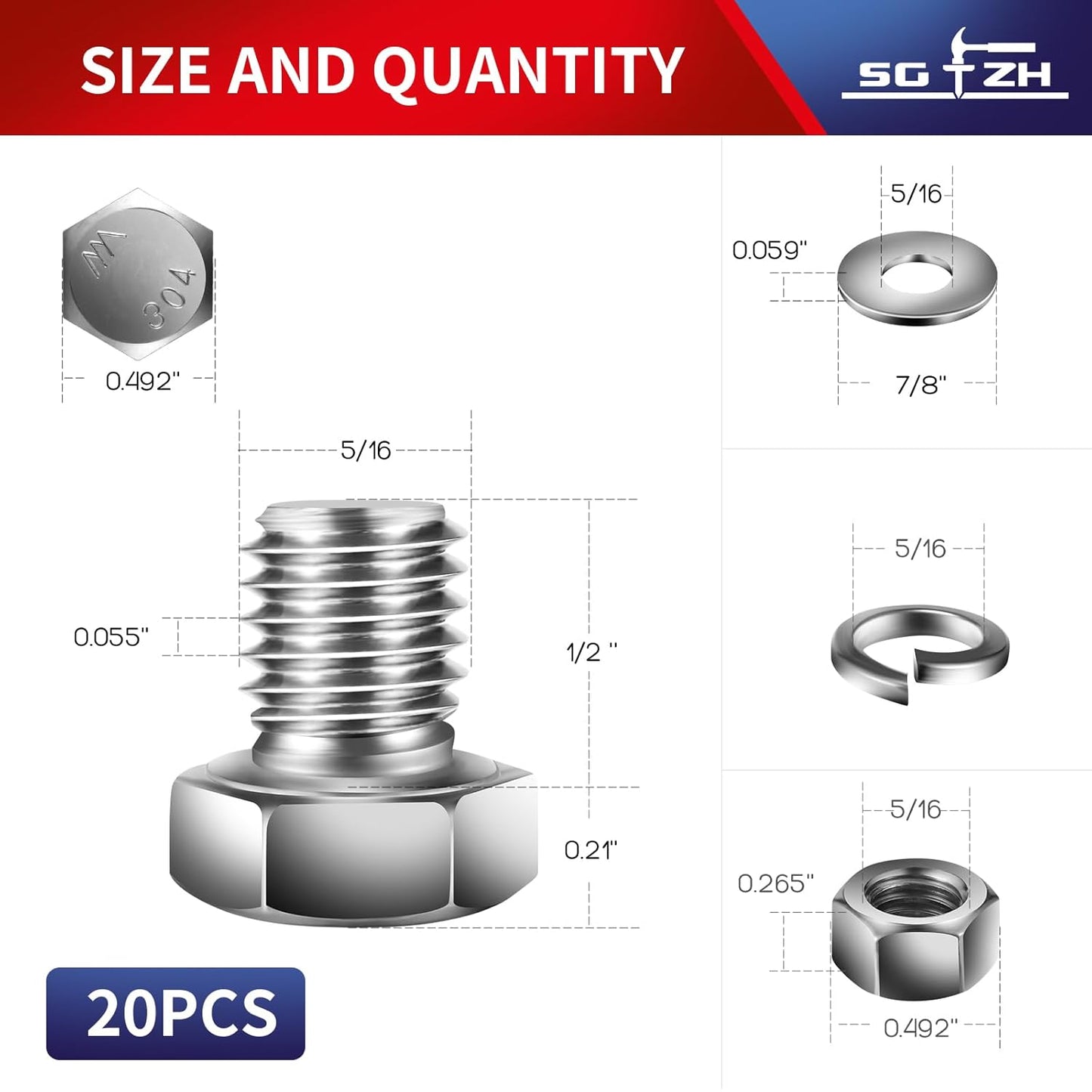 5/16-18 x 1/2" Hex Head Screw Bolt, Nuts, Flat & Lock Washers, 20Pcs 18-8 (304) Stainless Steel, Fully Threaded, by SG TZH