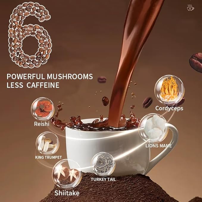 Mushroom Coffee, Instant Organic Mushroom Coffee with Cordyceps, Reish, King Trumpet, Shitake, Turkey Tail, Lions Mane for Energy, Focus, Positive Mood & Immune Support (30 Servings)