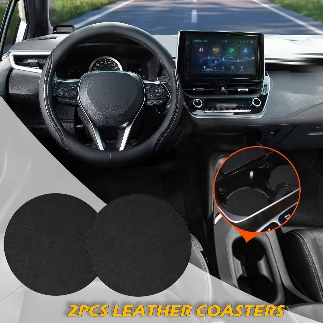 Steering Wheel Cover Black, Carbon Fiber Car Steering Wheel Covers with Coasters Universal 14.5-15 inch Leather Microfiber Breathable Anti-Slip Steering Wheel Accessories Set