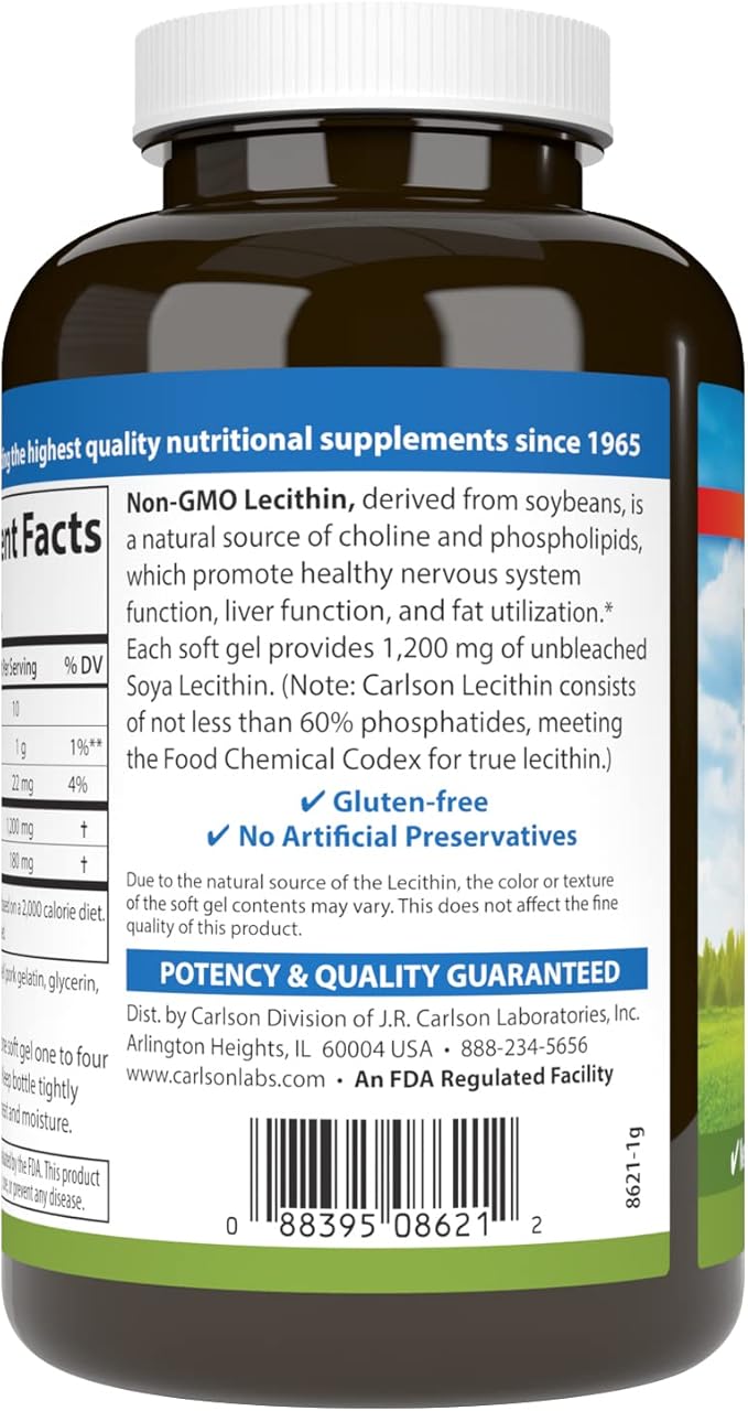 Carlson - Lecithin, Non-GMO, 1200 mg, Nervous System & Liver Function, Unbleached Soy Lecithin, 100 Softgels