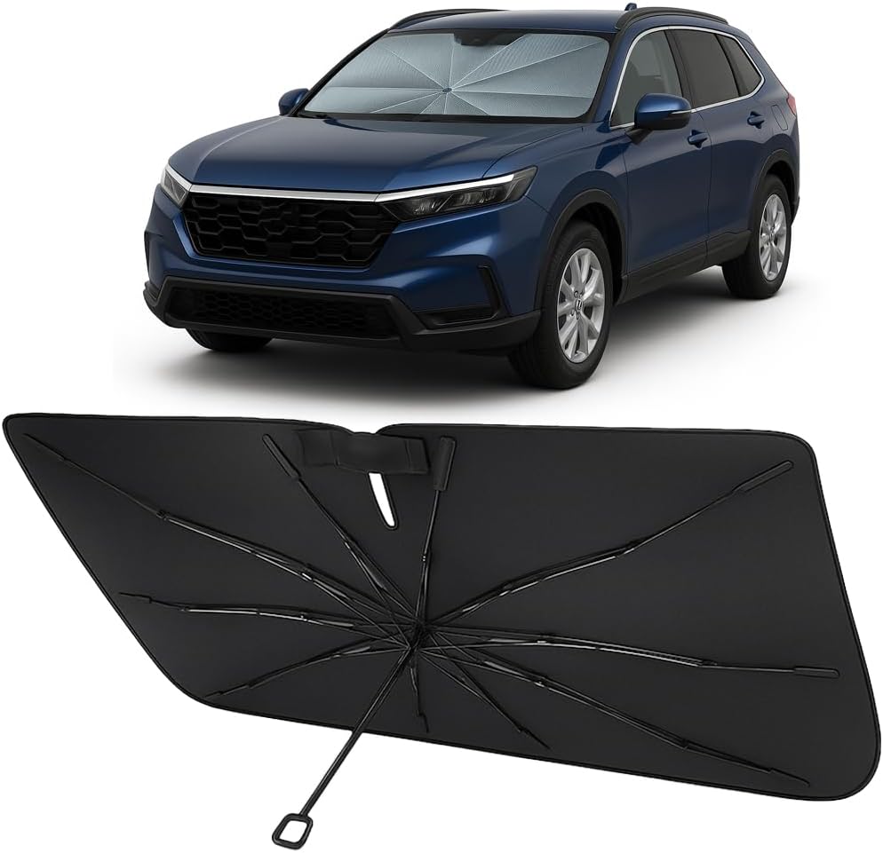 Proadsy Windshield Sun Shade Umbrella for Honda CRV CR-V 2023-2025 2026 Foldable Car Umbrella Sunshade with Soft TPU Handle Spring Structure Crystal Cooling Material Protect Car from Rays & Heat