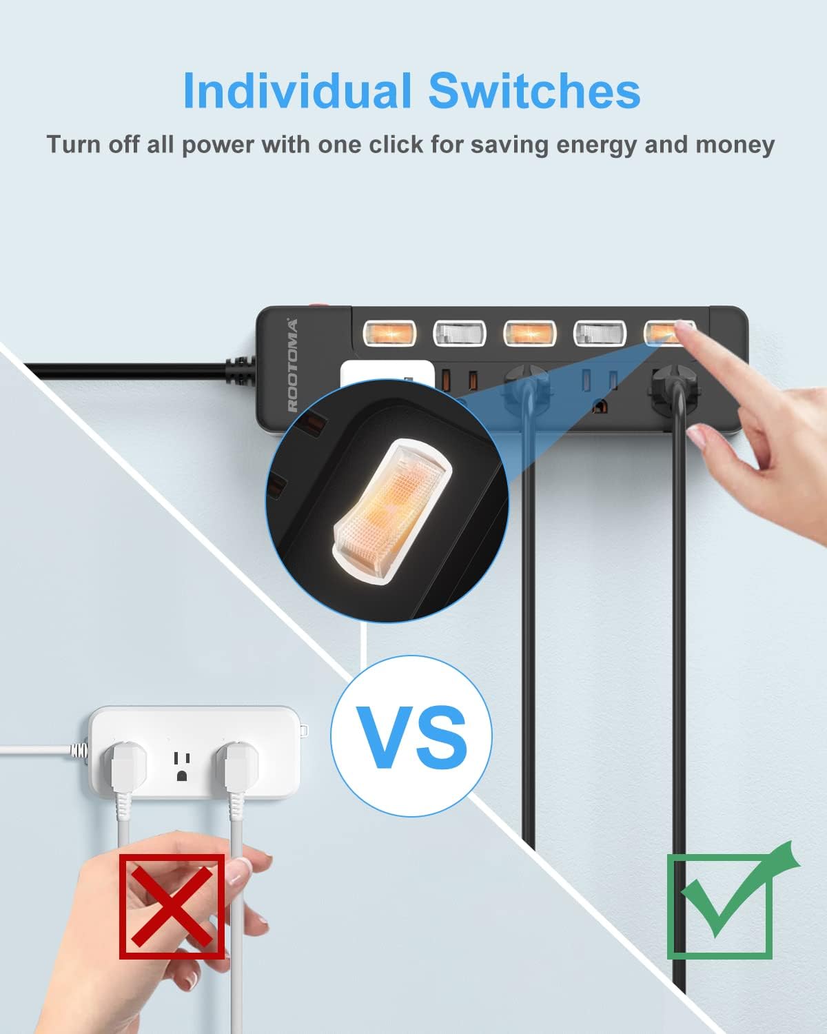 Black Appliance Extension Cord with Individual Switches on Off - 6 FT, 14 Gauge Heavy Duty Extension Cord with 5 AC Outlets, Wall Mountable, High Wattage for Microwave Workbench Garage Must Have, ETL