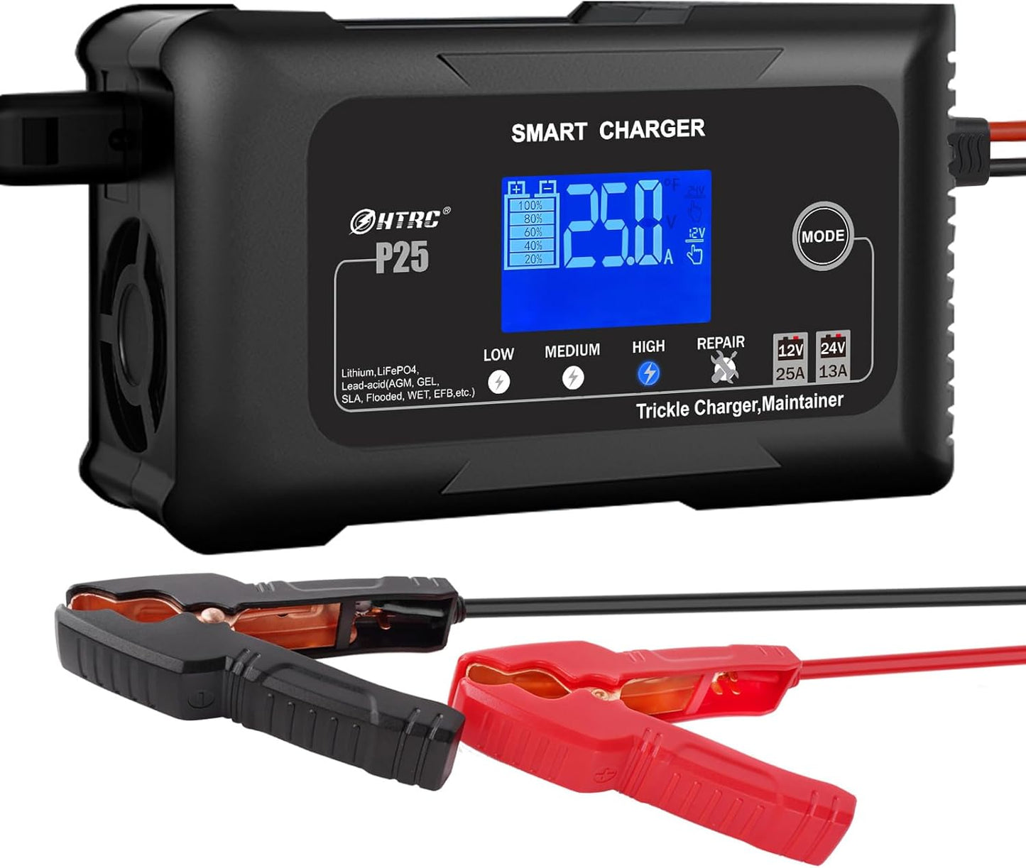 25Amp Lithium Battery Charger, 12V and 24V Lead-Acid (AGM/Gel/SLA) Battery Charger, Battery Maintainer Pulse Repair Charger Trickle Charger Battery Desulfator for Boat, Motorcycle, Golf cart