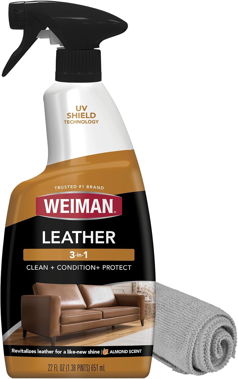 Weiman Leather Cleaner, Polish and Conditioner for Furniture, Car, Purses, Shoes, Boots and Couches- Micro Fiber Towel Included, 22oz