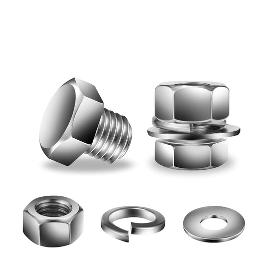 1/4-20 x 3/8" Hex Head Screw Bolt, Nuts, Flat & Lock Washers, 10Pcs 18-8 (304) Stainless Steel, Fully Threaded, by SG TZH