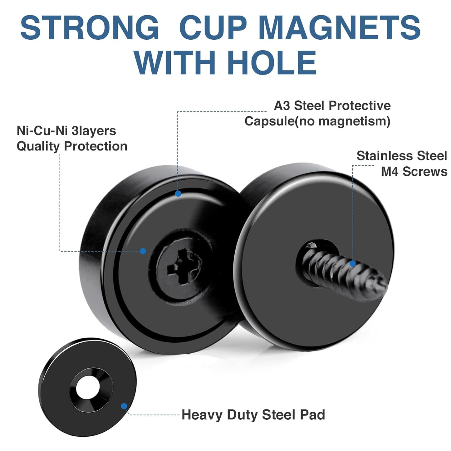 MIKEDE Strong Magnets Heavy Duty, 40LB Strong Rare Earth Magnets, Black Neodymium Cup Magnet with Countersunk Hole and Steel Screws, Powerful Pot for Wall Mounting,Workplace - 10 Pack