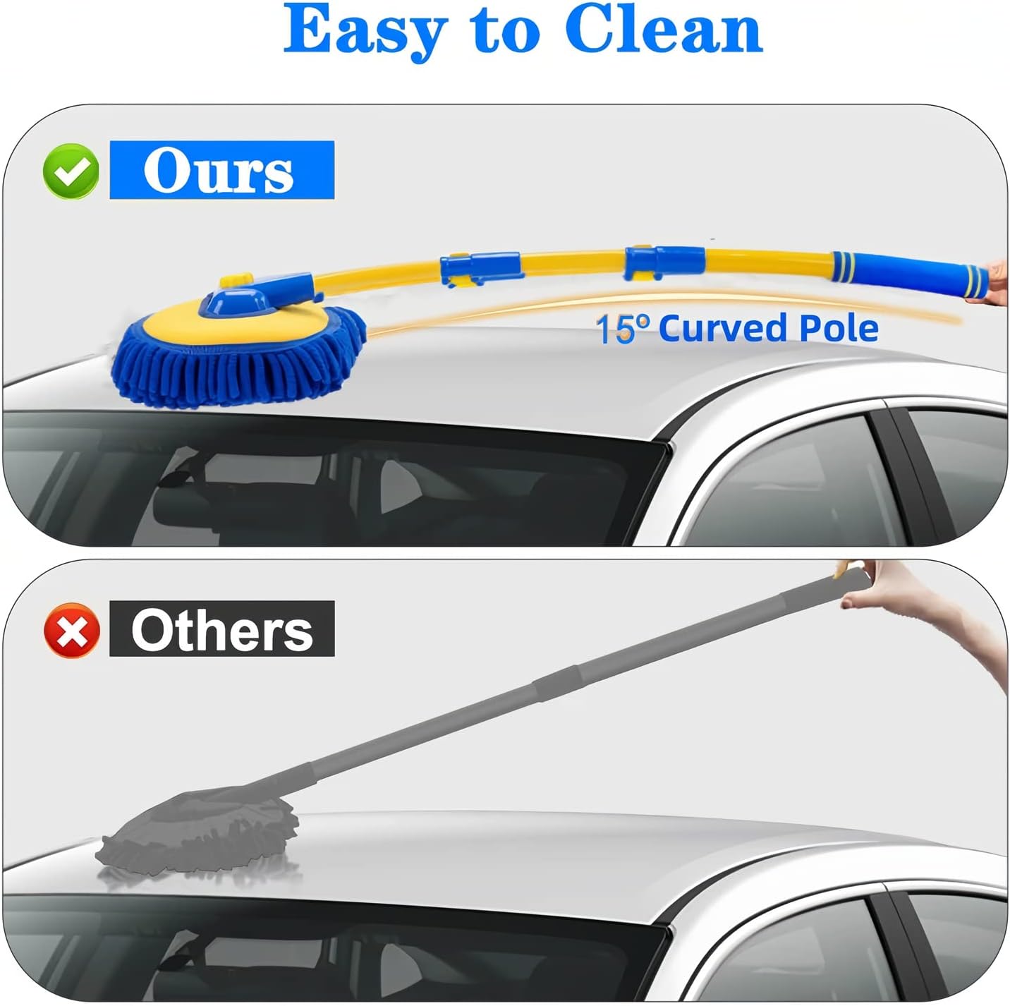 Upgrade Car Wash Brush with Long Handle,Chenille Microfiber Car Cleaning Brush Supplies Kit Car Wash Mop Accessories Car Washing Brush with Scratch-Free Replacement Head(Blue