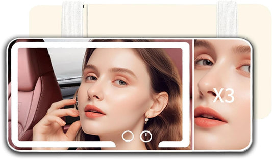 Car Sun Visor Vanity Mirror, Dimmable Touch Screen Makeup Mirrors with 3 Light Modes & 3x Magnifying for Women Detailed Makeup Universal Clip-on Rear View Sun-Shading Cosmetic Mirror (White)