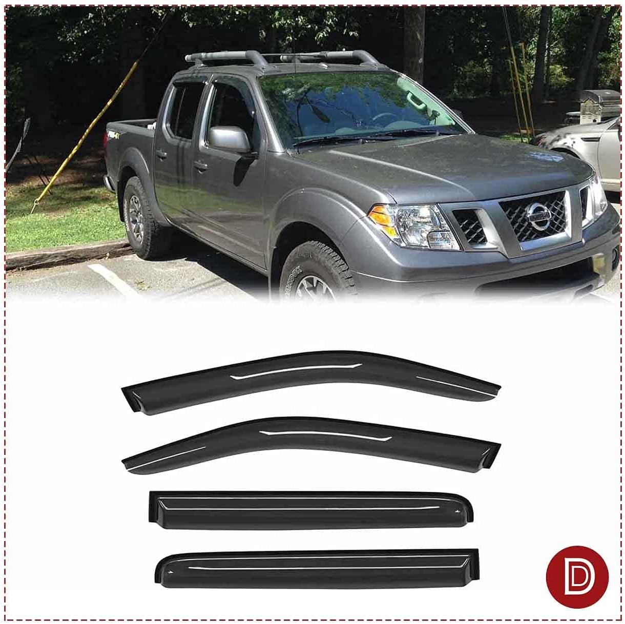 Side Window Deflector Visor fit for 2005-2022 Nissan Frontier Crew cab (with 4 Full Size Doors),Outside Mount Tape-on Shatterproof Rain Guard,4pcs Dark Smoke Nice Looking Window Shades 94407