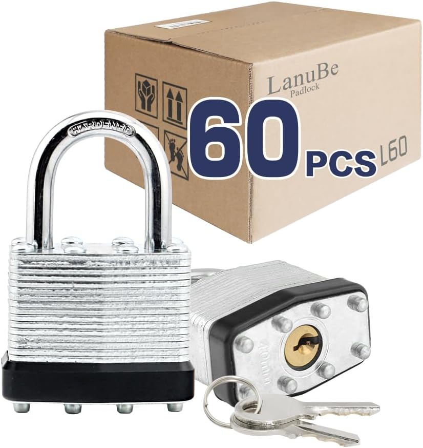 LanuBe Lock Laminated keyed Padlock (1-9/16", 40mm), keyed Alike Locks, Normal Shackle,Marked Black Plastic Hoop, Pack of 60…