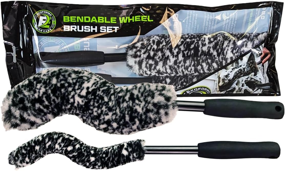 ExoForma Bendable Brush Set - Unique Adjustable 2-Piece Wheel Brush Set Cleans Behind Wheels - Tough Yet Gentle Wool Fiber + No-Scratch Rubber Tip Safe for All Wheel Types - Comfy Ergonomic Grip