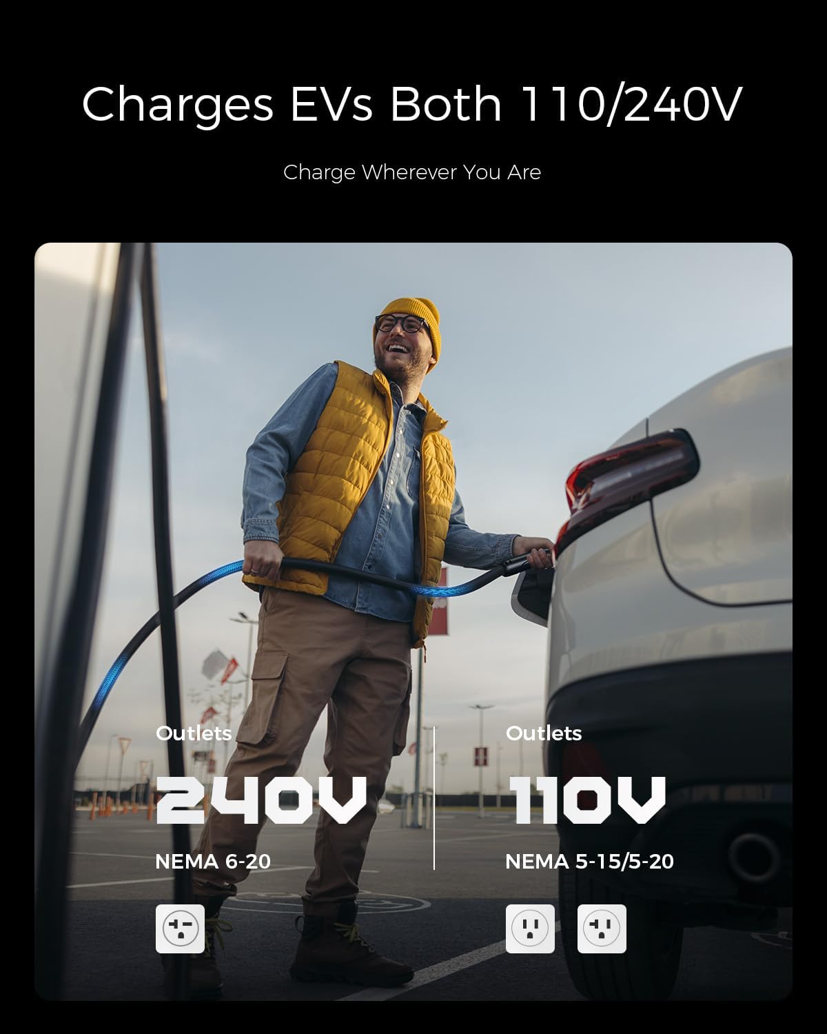 Level 1/2 EV Charger, 16A 110-240V Portable EV Charger with 25FT Cable, Home Electric Vehicle Charging Stations with NEMA 6-20 Plug NEMA 5-15 Adapter for All J1772 EVs