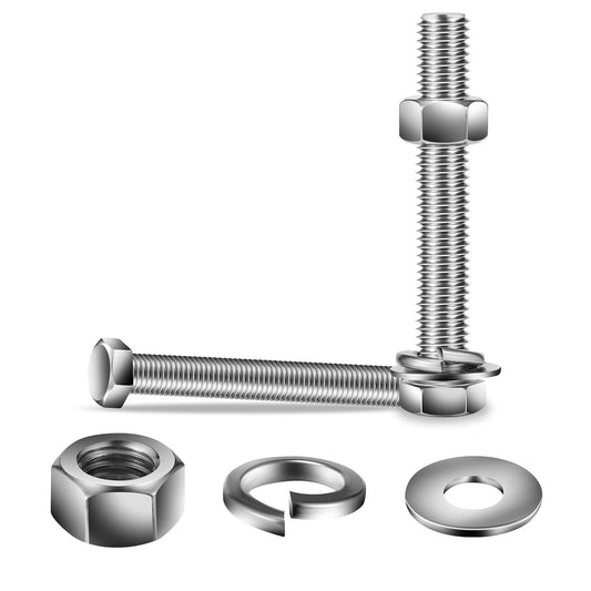 1/2-13 x 6" Hex Head Screw Bolt, Nuts, Flat & Lock Washers, 10Pcs 18-8 (304) Stainless Steel, Fully Threaded, by SG TZH
