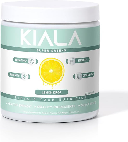 Kiala Nutrition Super Greens, Organic Greens Powder with Spirulina & Chlorella for Digestion, Gut Health, Immunity, Energy, Gluten Free, Vegan, Sugar Free, Spectra Blend, Lemon Drop, 30 Servings